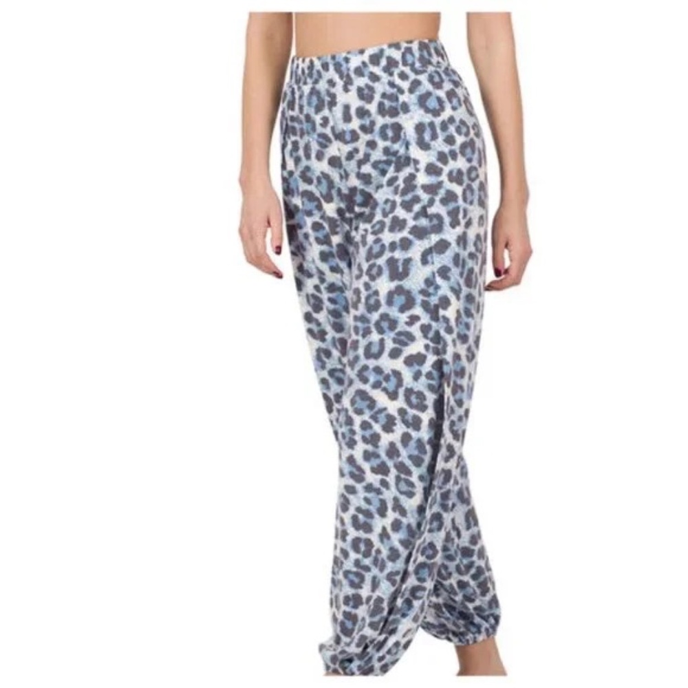 ZENANA Blue Animal/LEOPARD SPLIT SIDE PANTS nip